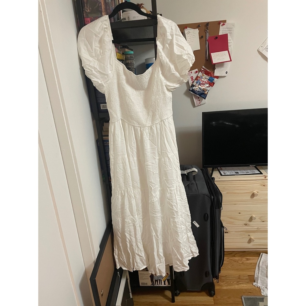 Zesica White Smocked Puff Sleeve Midi‎ Dress Women's Size Large